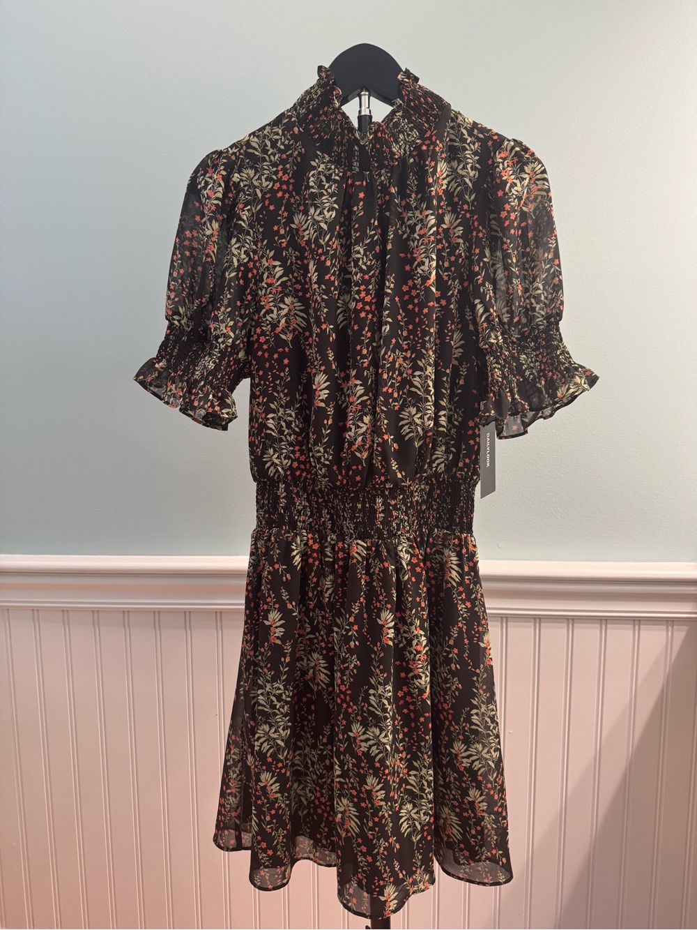 Black Floral Mini Dress with Puff smocked, sleeves, smocked waist and neckline